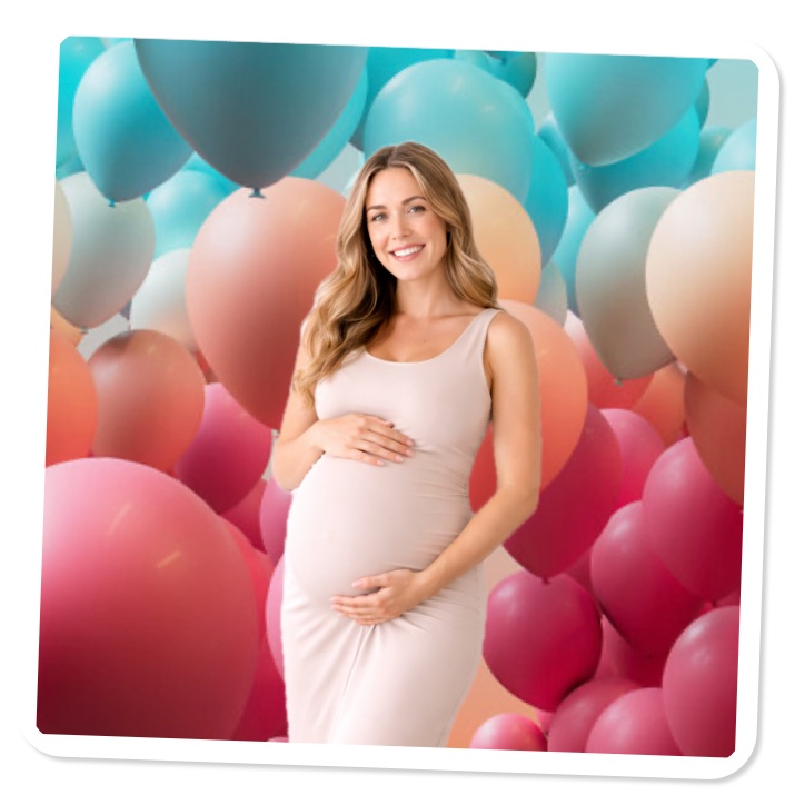 The same bump photo placed on a colourful balloon-wall scene