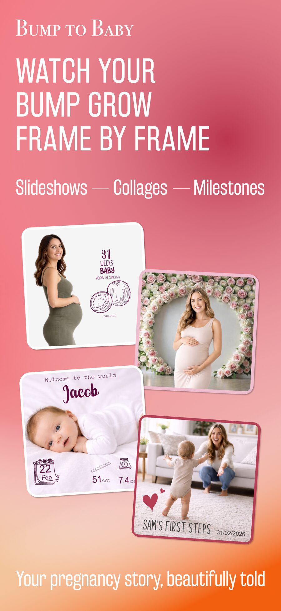 Bump to Baby slideshow — weekly bump photos playing as a slideshow