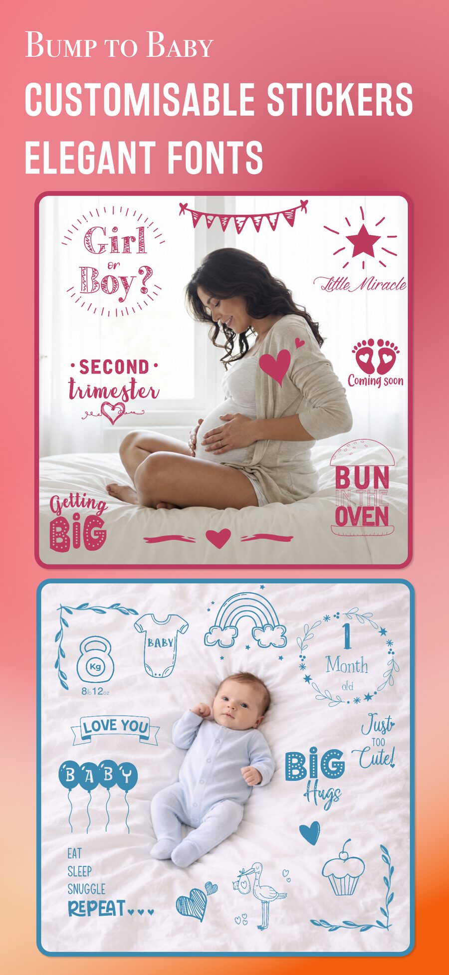 Customisable stickers and fonts in Bump to Baby